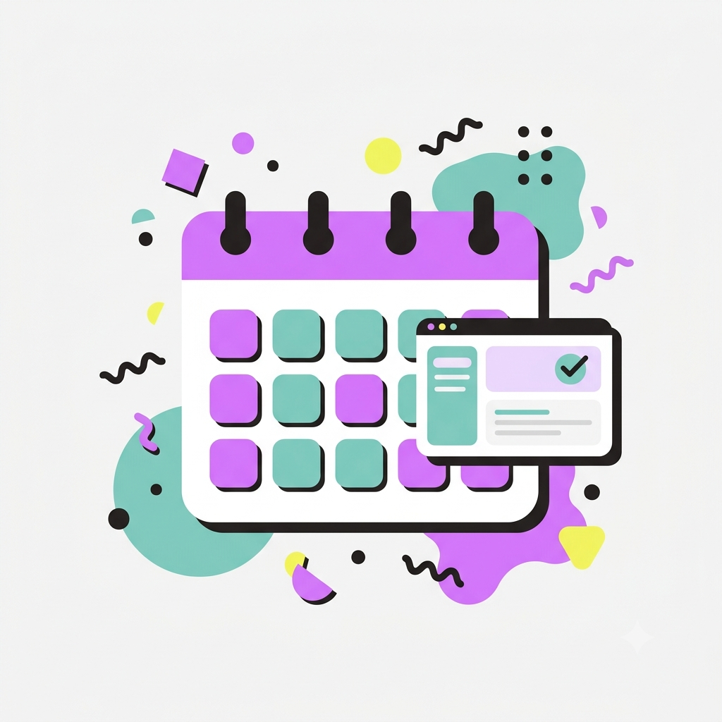 Memphis style flat illustration of a 14 day calendar with a browser window showing a completed website process, representing a structured website development process