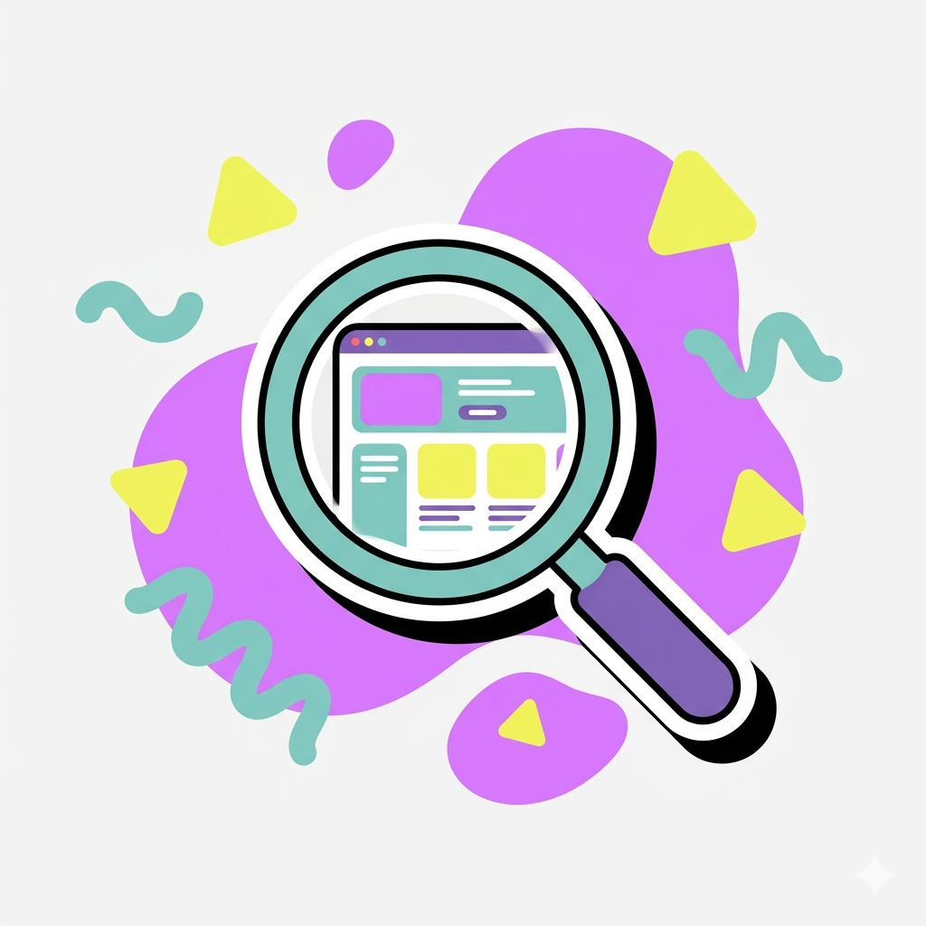 **Alt tag:** A Memphis style flat illustration of a magnifying glass examining a website layout, representing the process of hiring a web designer to audit and improve your digital presence.